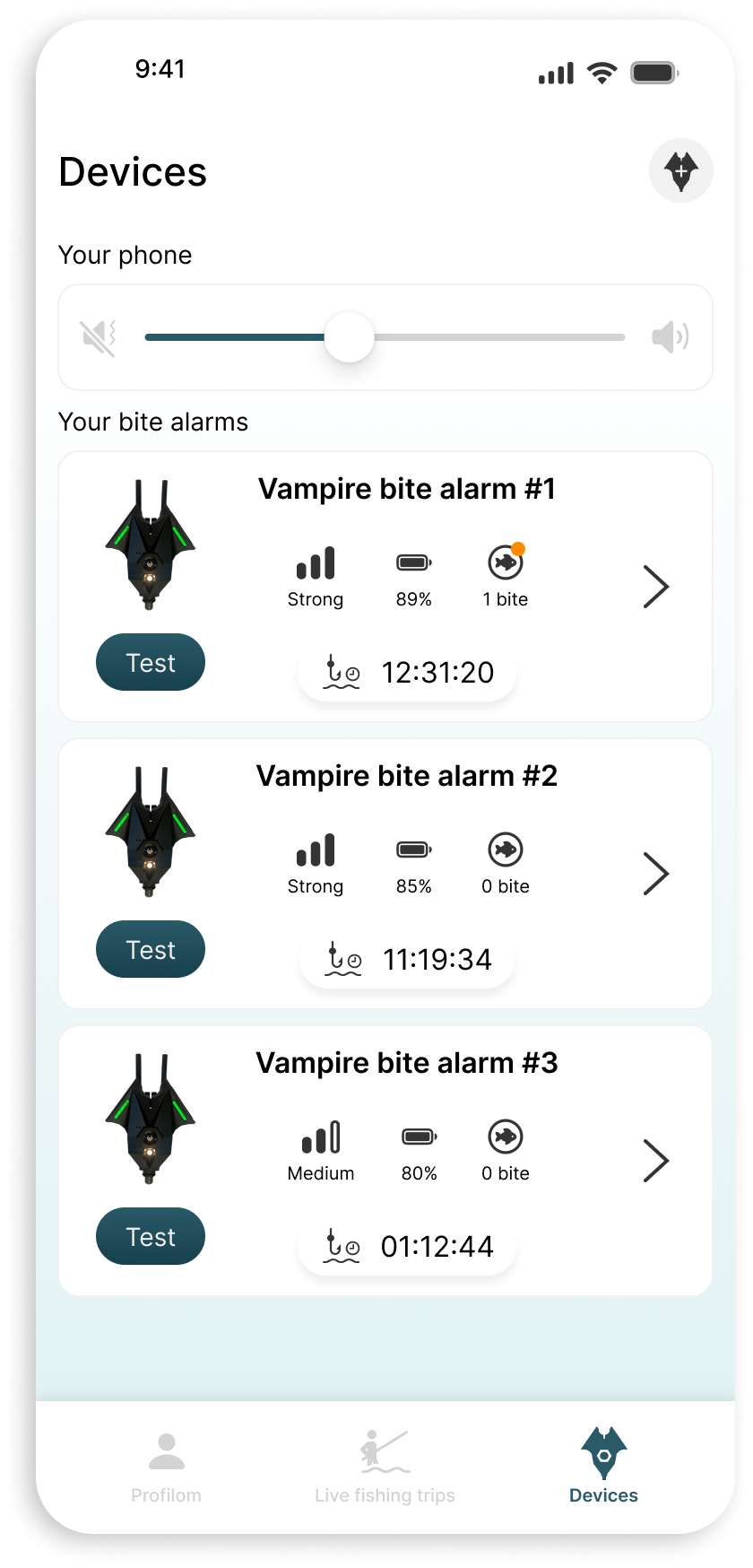 Vampire kapásjelző alkalmazás, azon belül az eszközök és a csatlakozás bluetooth segítségével.